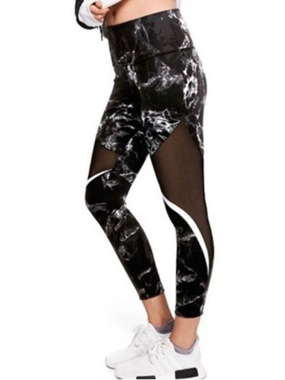 PINK Victoria's Secret Ultimate Leggings Black & White Marble Mesh Logo S EUC